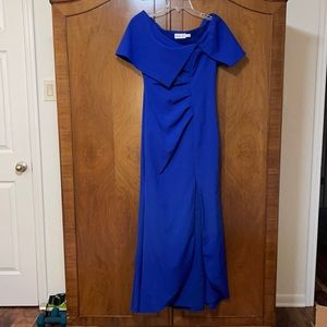 Gorgeous bright blue formal off the shoulder dress by Eliza J.
